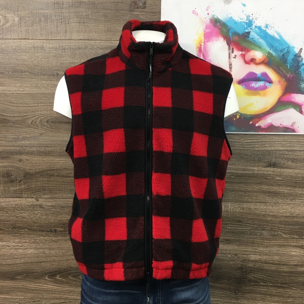 Woolrich Mens Sherpa Buffalo Plaid Fleece Vest Red‎ Black Full Zip Size M